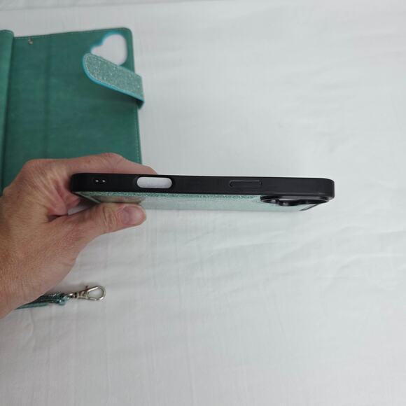 iPhone 16 Plus Turquoise Glitter Phone Case With  Detachable Wallet  Card Holder - Picture 9 of 16